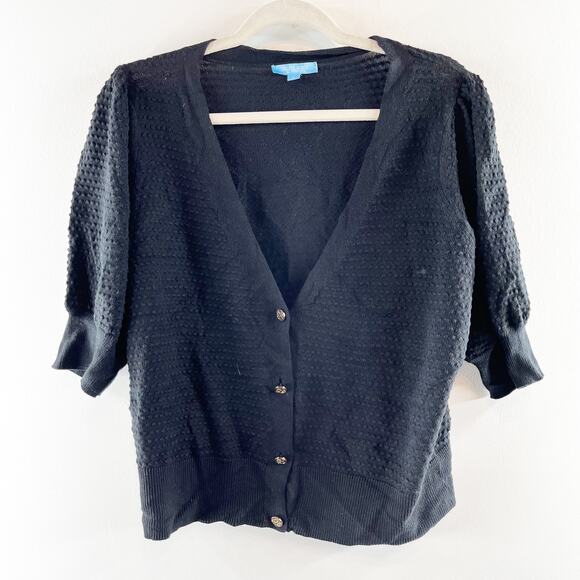 Draper James Short Puff Sleeve V Neck Button Up Cardigan Sweater Black Large - Picture 3 of 5